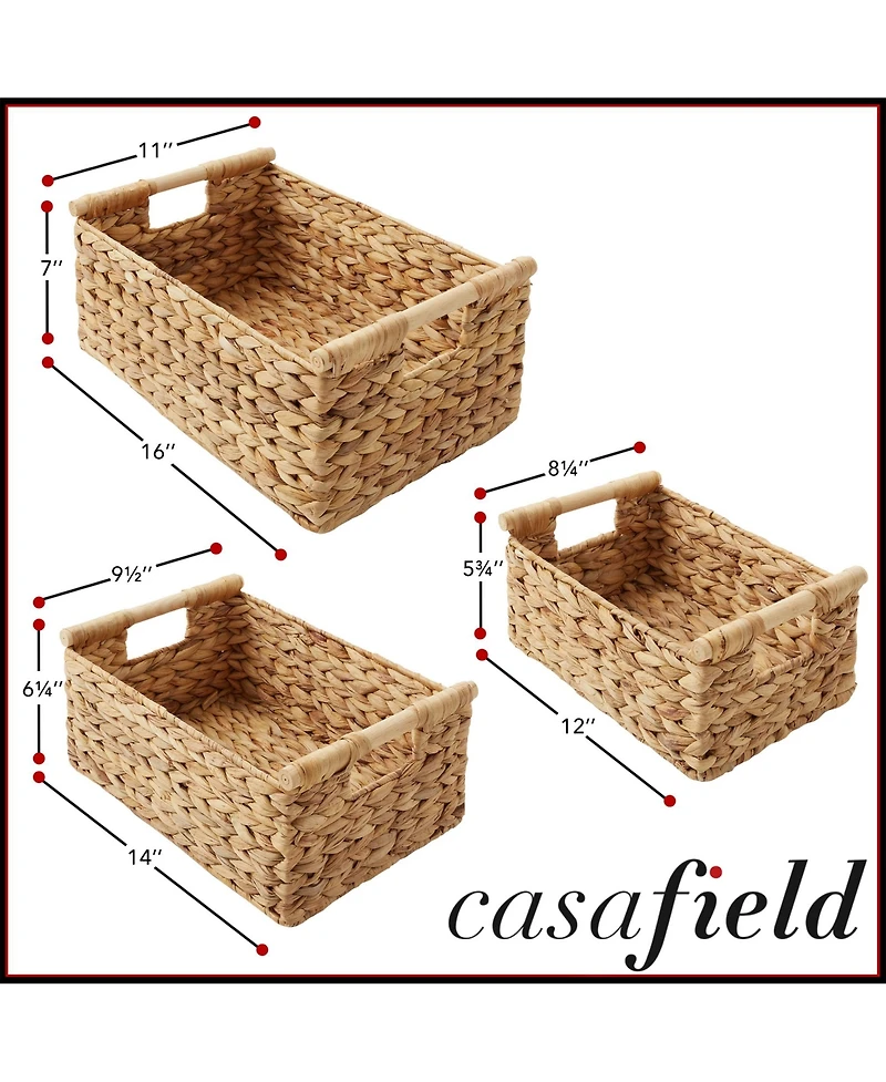 Casafield (Set of 3) Water Hyacinth Rectangular Storage Baskets with Wooden Handles - Small, Medium, Large Woven Nesting Baskets - Natural