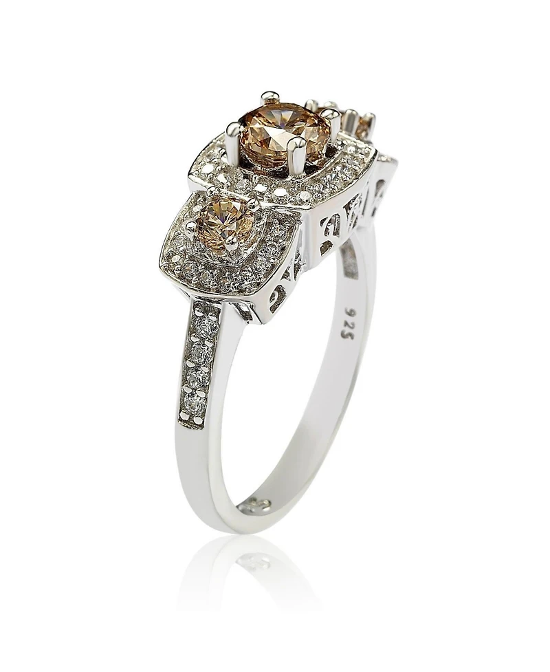 Suzy Levian Sterling Silver Cubic Zirconia Brown Three Stones Halo Ring