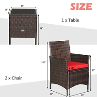 Gymax 3PCS Outdoor Rattan Conversation Set Patio Furniture Set w/ Red Cushions