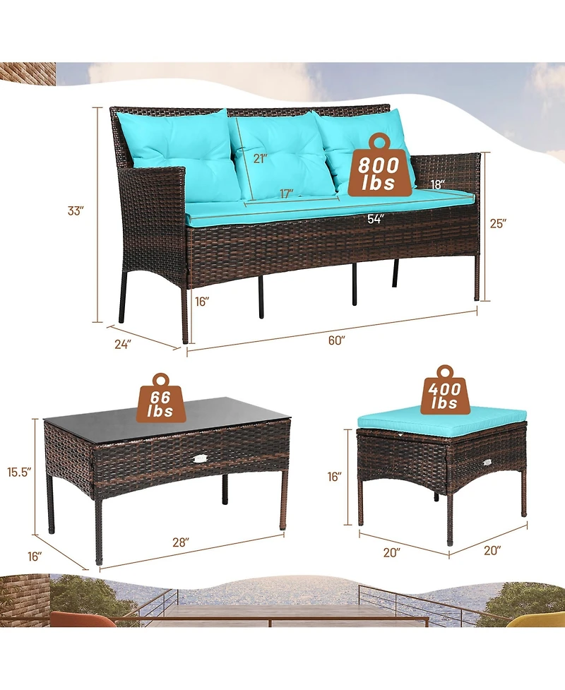 Gymax 3PCS Patio Rattan Sectional Conversation Furniture Set w/ Turqouise Cushions