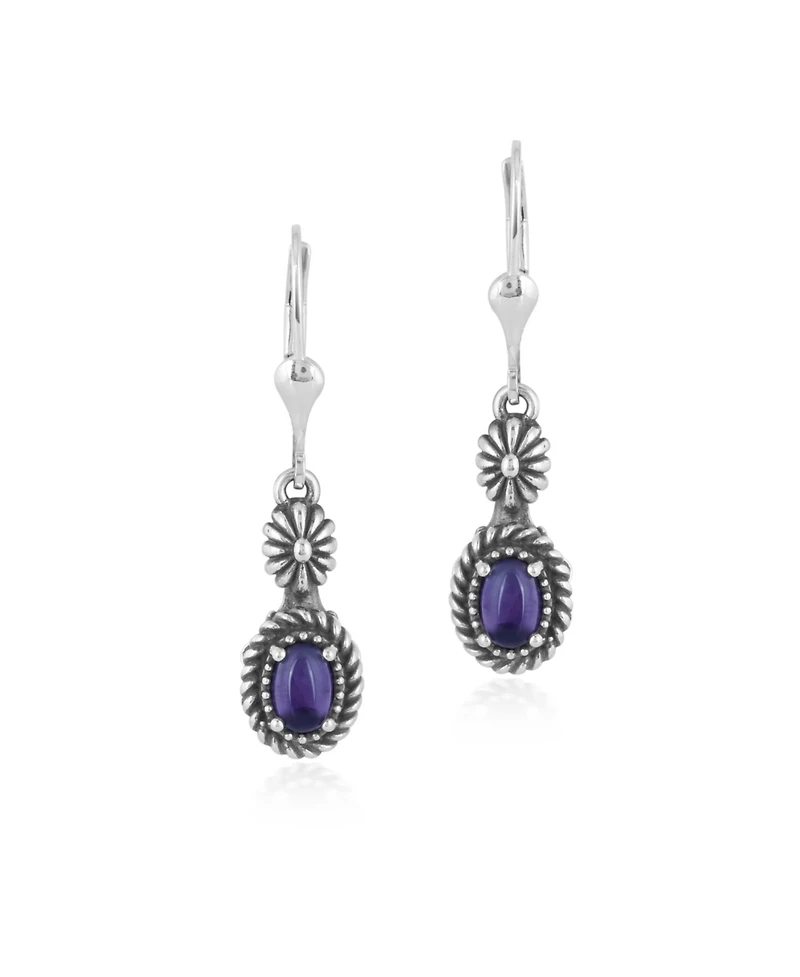 American West Jewelry Sterling Silver Amethyst Floral and Rope Design Dangle Earrings