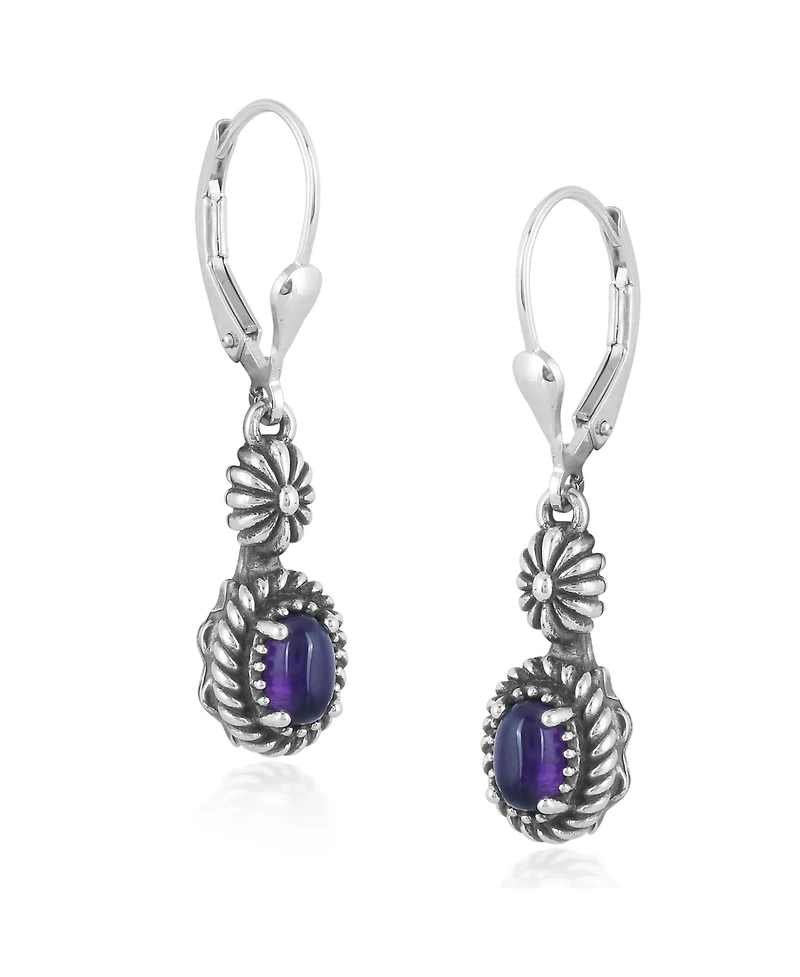 American West Jewelry Sterling Silver Amethyst Floral and Rope Design Dangle Earrings