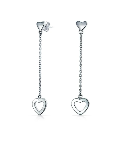 Bling Jewelry Simple Chain Long Linear Open Hearts Dangle Earrings Lightweight Sterling Silver