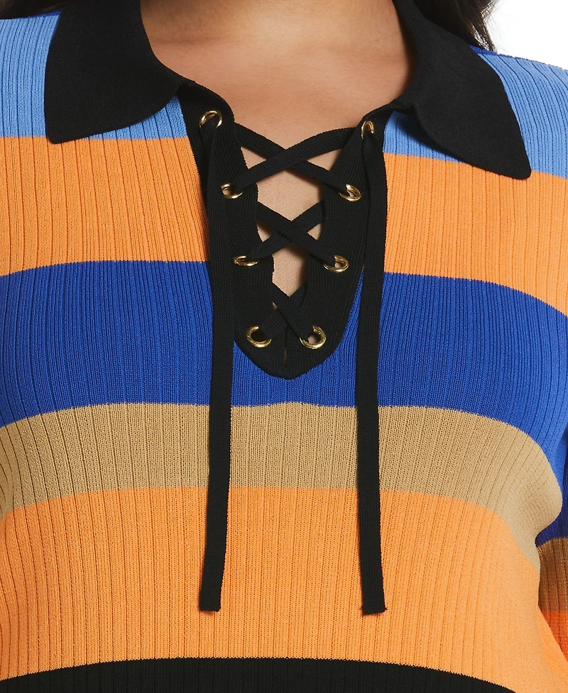 Ella Rafaella Plus Size Lace-Up Short Sleeve Polo Sweater