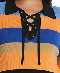 Ella Rafaella Plus Size Lace-Up Short Sleeve Polo Sweater
