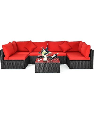 7 Pieces Sectional Wicker Furniture Sofa Set Conversation Sets with Tempered Glass Top