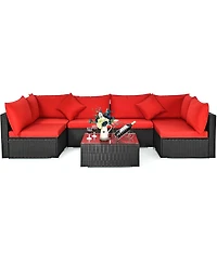 7 Pieces Sectional Wicker Furniture Sofa Set Conversation Sets with Tempered Glass Top