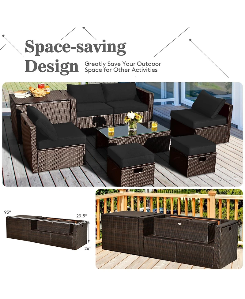 Inolait 8 Pieces Patio Space-Saving Rattan Conversation Sets with Storage Box and Waterproof Cover