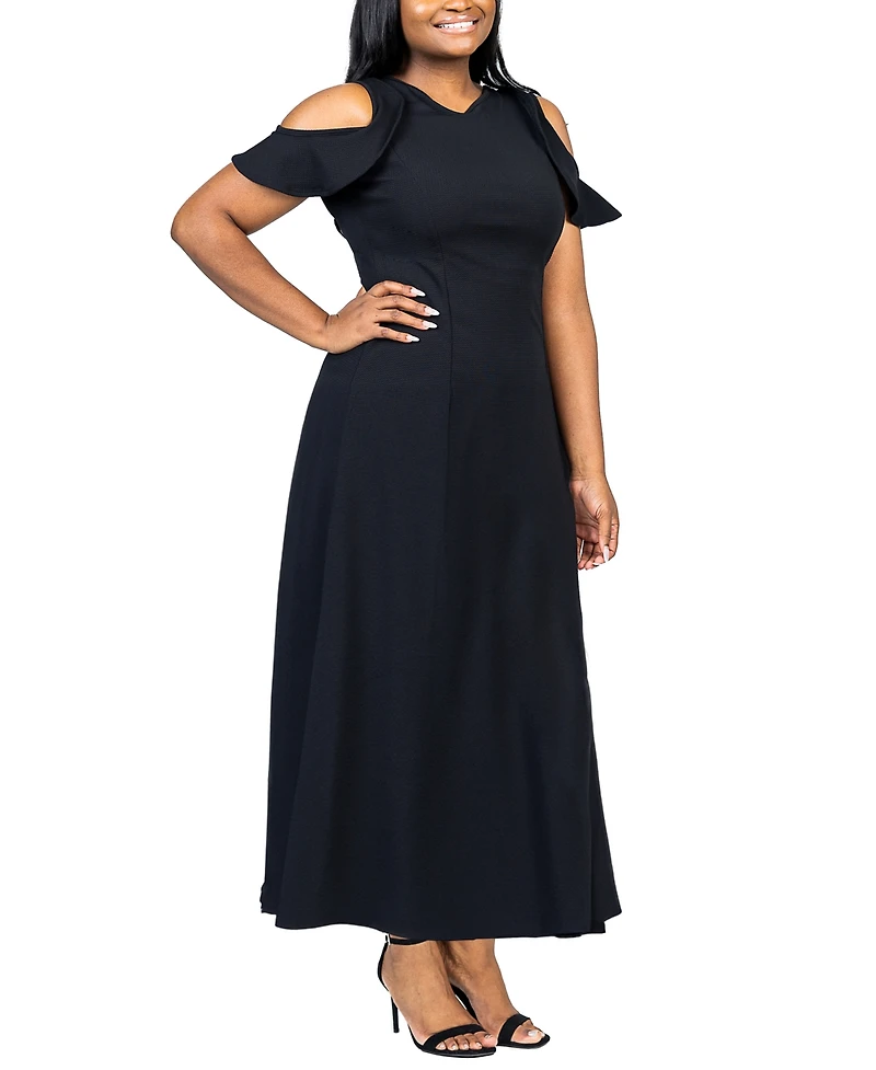 24seven Comfort Apparel Plus Ruffle Cold Shoulder A Line Maxi Dress