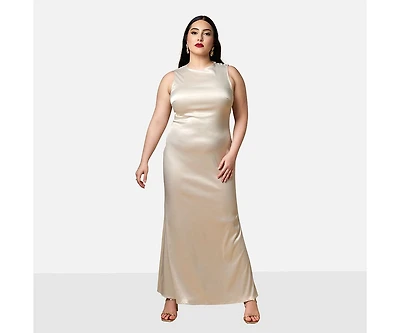 Rebdolls Women's Plus Size Tulip Satin Button Shoulder Maxi Slip Dress