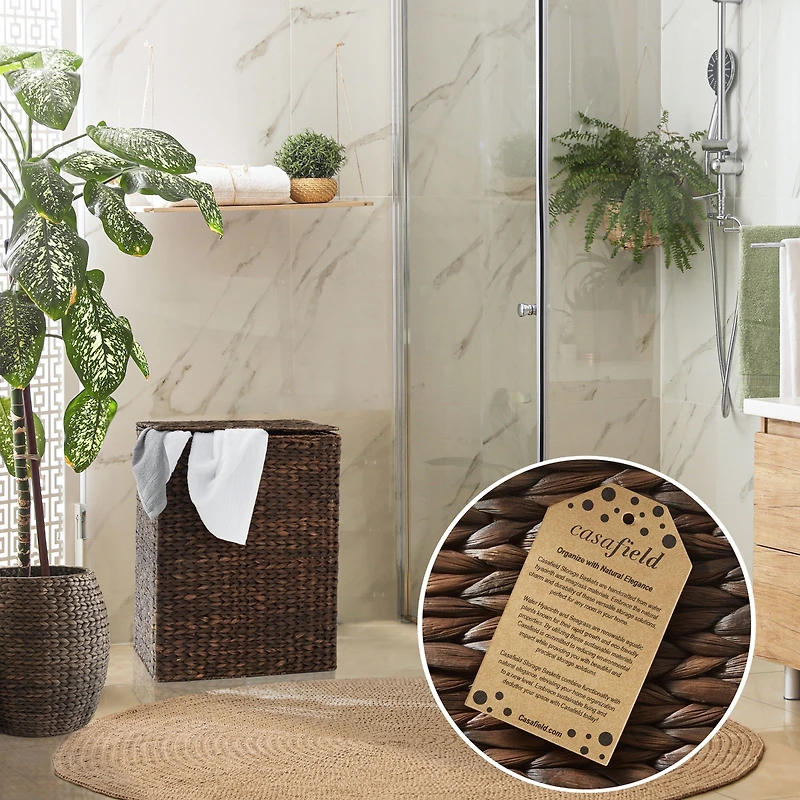 Casafield Large Laundry Hamper with Lid and Removable Liner Bag - Natural, Woven Water Hyacinth Laundry Basket for Clothes