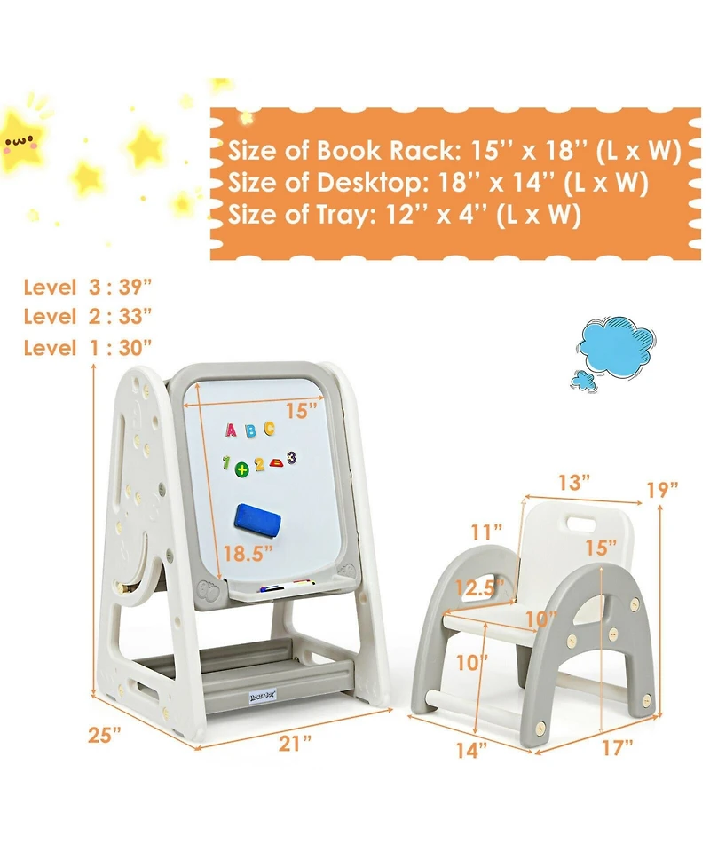 Sugift 2-in-1 Kids Easel Desk Chair Set Book Rack Adjustable Art Painting Board