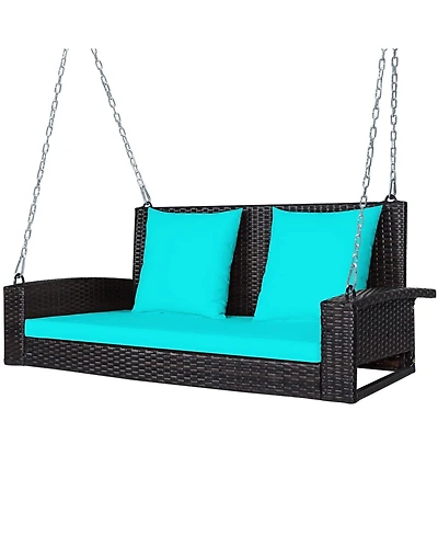 Sugift 2-Person Wicker Hanging Porch Swing with 2 Back Cushions and 1 Seat Cushion