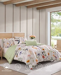 Bebejan Fresh Cut Flowers Bedding 200 Thread Count 100% Cotton Sateen 5 Piece Reversible Queen Comforter Set