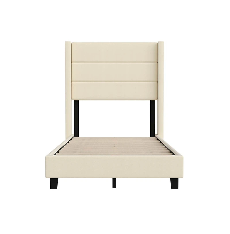 Percy Modern Platform Bed With Padded Channel Stitched Upholstered Wingback Headboard