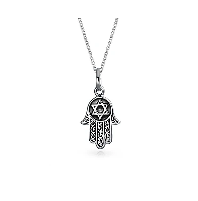 Bling Jewelry Amulet Talisman Filigree Hamsa Hand Of God Star Of David Pendant Necklace Black Oxidized Sterling Silver