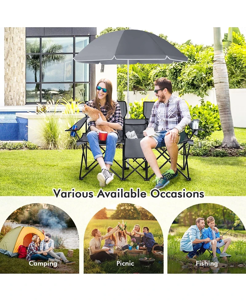 Vebreda Portable Folding Picnic Double Chair With Umbrella