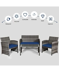 Sugift 4 Pieces Patio Rattan Furniture Set with Glass Table and Loveseat