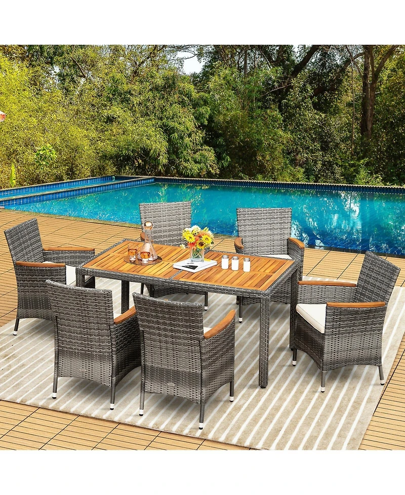7 Pieces Patio Acacia Wood Cushioned Pe Rattan Wicker Dining Set