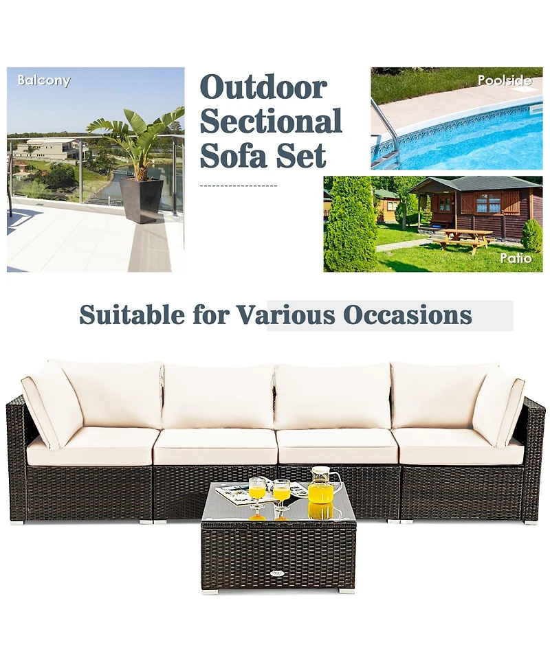 Vebreda 5 Pieces Cushioned Patio Rattan Furniture Set with Glass Table