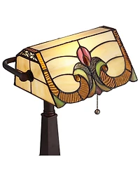 Fleura Traditional Tiffany Style Piano Banker Desk Table Lamp 17" High with Ac Power Outlet Bronze Floral Art Glass Shade Decor for Bedroom House Beds