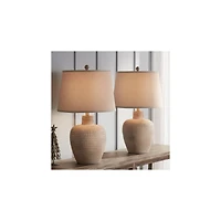 Glenn Rustic Southwestern Style Pot Table Lamps 27" Tall Set of 2 Dappled Sandy Beige Oatmeal Fabric Drum Shades for Living Room Bedroom House Be