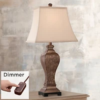 Regency Hill Edgar Traditional Table Lamp 29" Tall Bronze with Table Top Dimmer Geneva Taupe Rectangular Shade for Bedroom Living Room Bedside Of