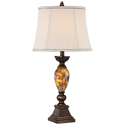 Mulholland Traditional Vintage like Table Lamp with Tabletop Dimmer 30" Tall Bronze Golden Marbleized Off White Shade for Living Room Bedroom Hou