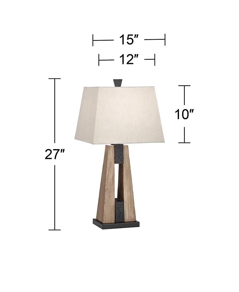 Mitchell Rustic Farmhouse Table Lamps 27" Tall Set of 2 with Usb Port Wood Oatmeal Tapered Rectangular Fabric Shade for Living Room Bedroom House
