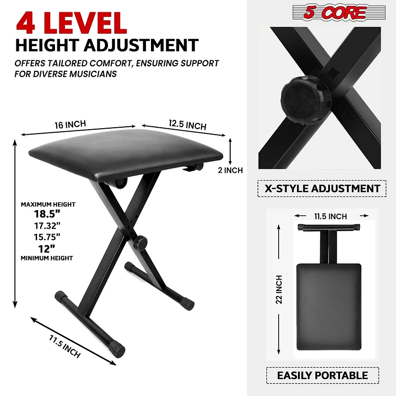 5 Core Keyboard Bench 2" Padded Cushioned Piano Stool Height Adjustable Guitar Seat Folding Portable