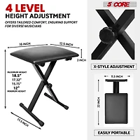 5 Core Keyboard Bench 2" Padded Cushioned Piano Stool Height Adjustable Guitar Seat Folding Portable