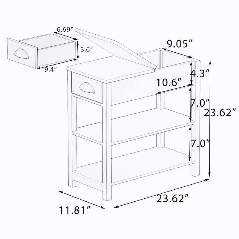 Streamdale Furniture Narrow Sided Table With Drawers And Bottom Partition In Flip Over Design - White