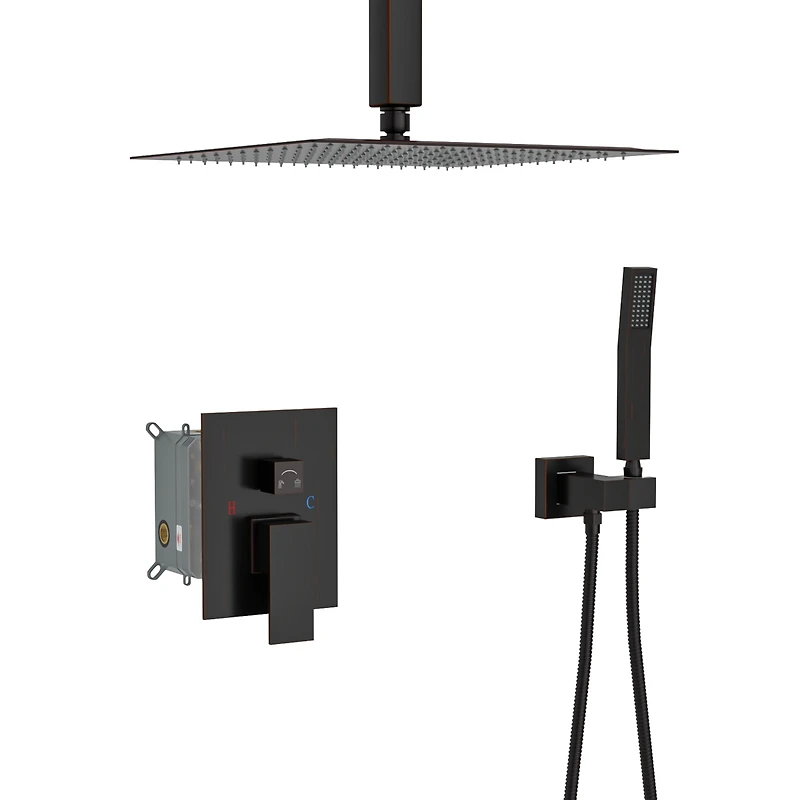 Ceiling Shower Set - 16 Inch Square Shower Set, Dual Shower Heads, Oil Rubber Bronze