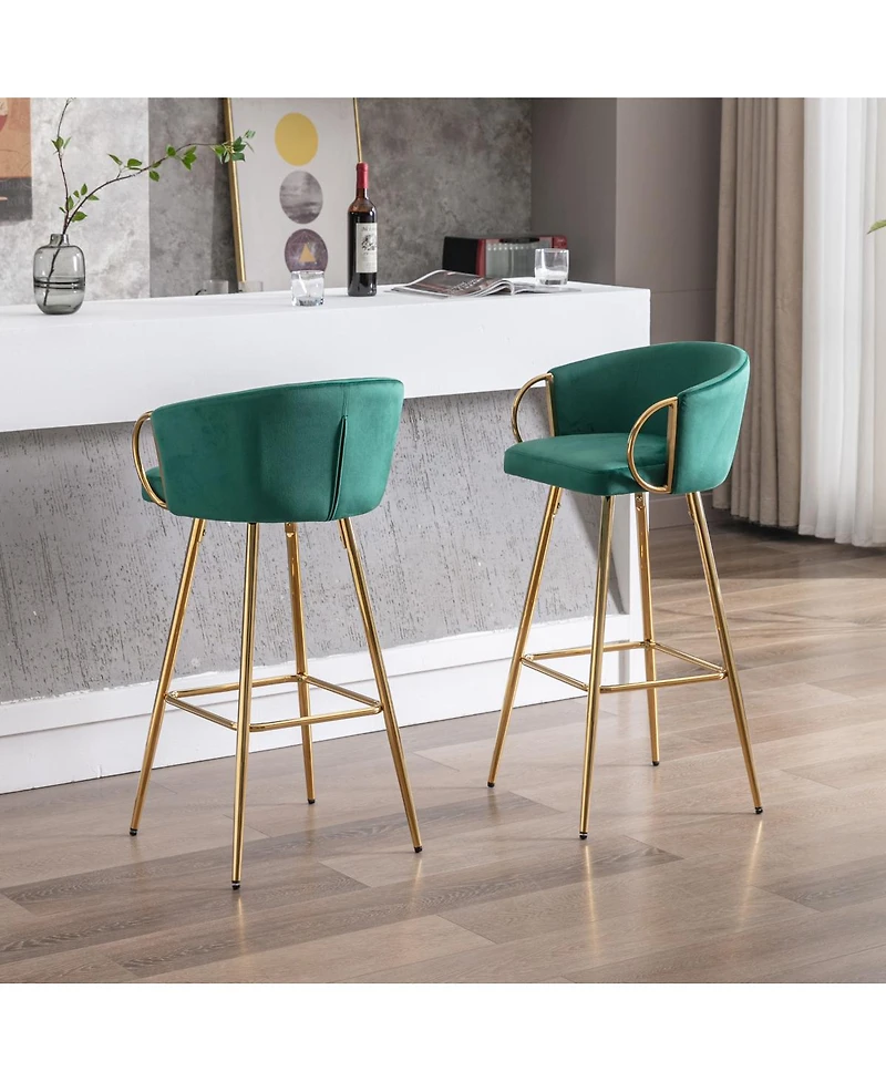 Streamdale Furniture 2 Green Velvet Bar Stools with Chrome and Golden Accents