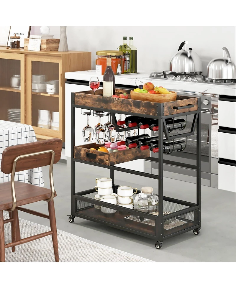 Sugift 3-Tier Industrial Buffet Serving Cart with Wine Rack