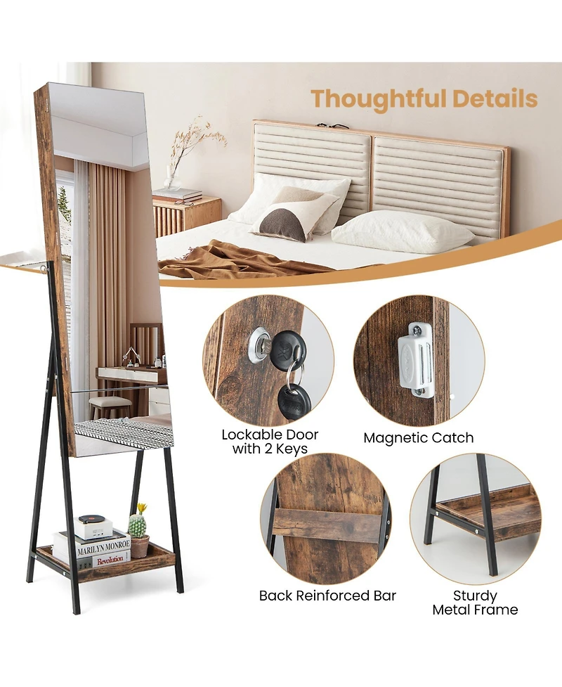 Sugift Lockable Freestanding Jewelry Organizer with Full-Length Frameless Mirror