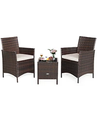 3 Pieces Patio Cushioned Rattan Converstaion Set With Glass Table Top