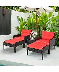 5 Pcs Rattan Wicker Furniture Set Sofa Ottoman W/Brown Cushion Patio Garden Yard
