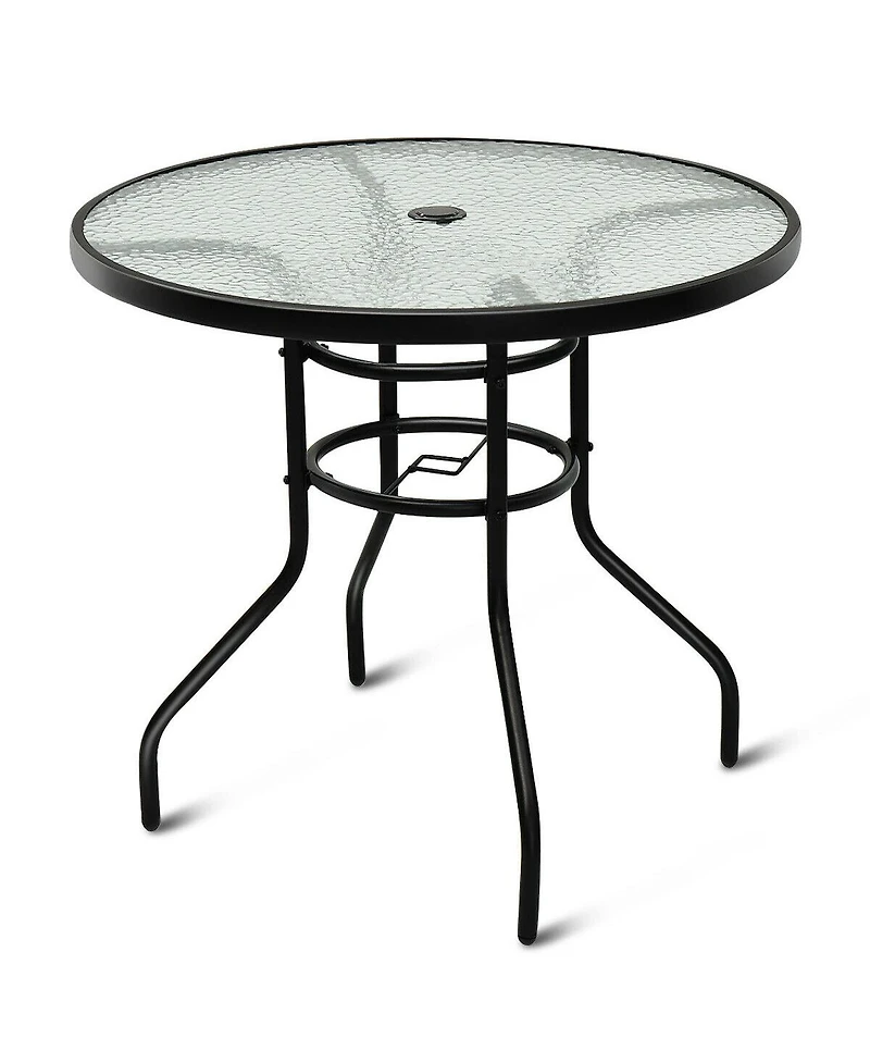 32'' Patio Round Table Tempered Glass Steel Frame Outdoor Pool Yard Garden