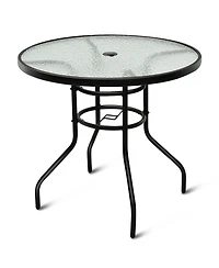 32'' Patio Round Table Tempered Glass Steel Frame Outdoor Pool Yard Garden
