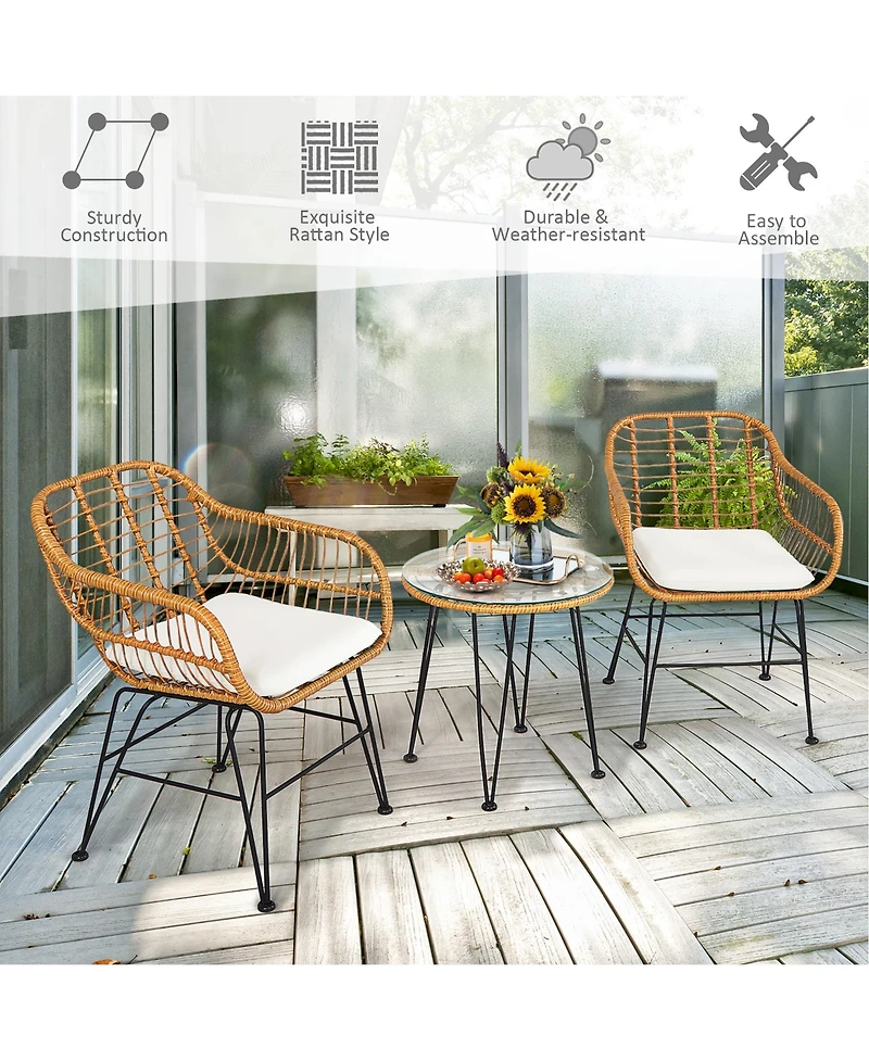 3PCS Patio Rattan Bistro Furniture Set Cushioned Chair Table