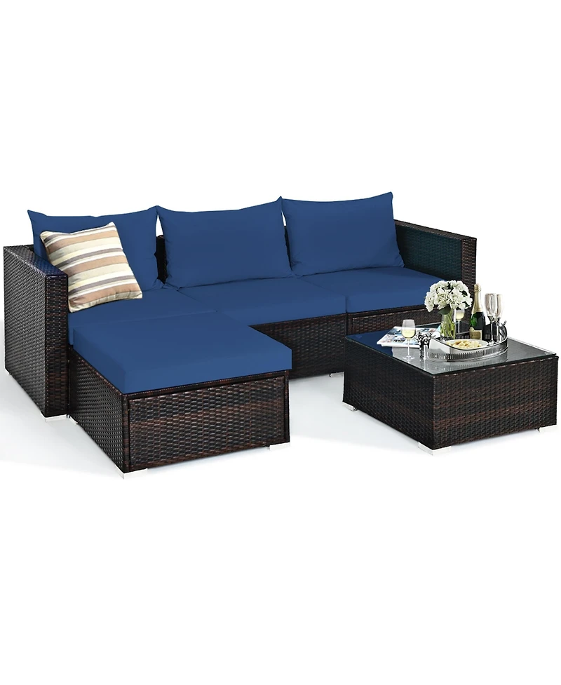 Gymax 5PCS Cushioned Rattan Patio Conversation Set w/ Ottoman Navy Cushion