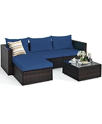 Gymax 5PCS Cushioned Rattan Patio Conversation Set w/ Ottoman Navy Cushion