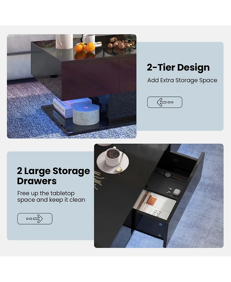 Led Coffee Table with 2 Drawers 20-Color Dimmable Led Lights & Remote Control