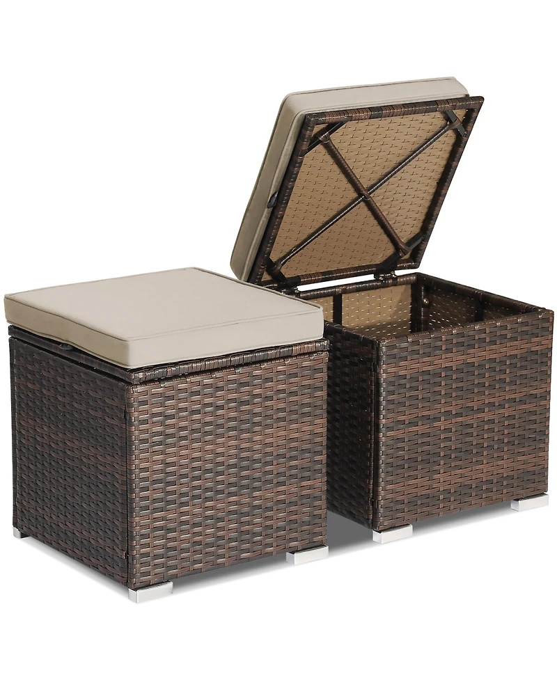 2PCS Patio Rattan Ottomans Seat Side Table Storage Box Footstool with Cushion