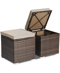 2PCS Patio Rattan Ottomans Seat Side Table Storage Box Footstool with Cushion