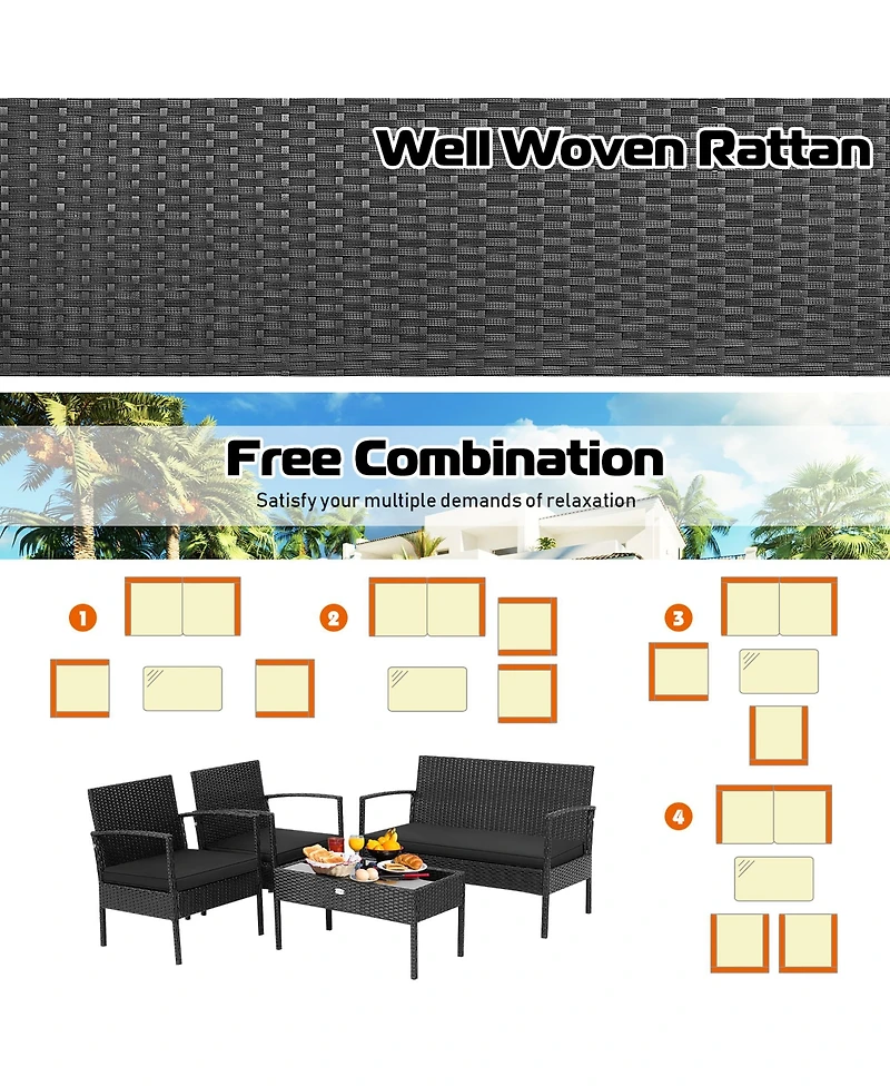 4 Pcs Patio Rattan Furniture Set Cushioned Sofa Armrest Garden