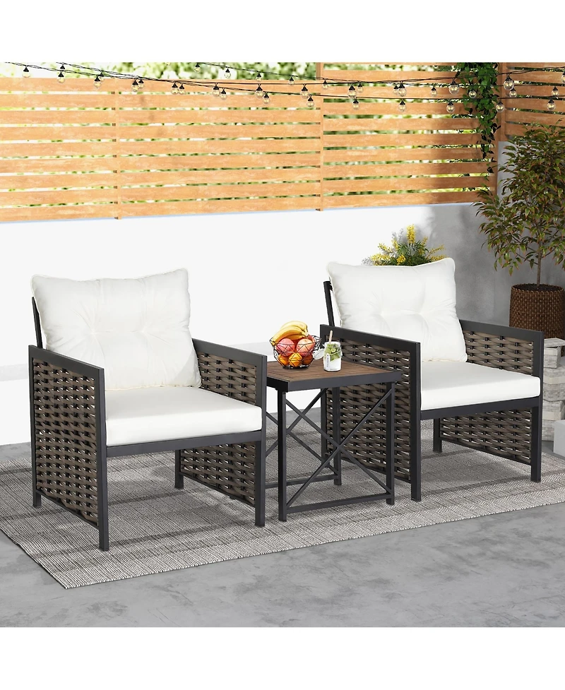 3 Pcs Patio Rattan Furniture Set Acacia Wood Coffee Table & 2 Chairs Backyard