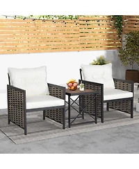 3 Pcs Patio Rattan Furniture Set Acacia Wood Coffee Table & 2 Chairs Backyard