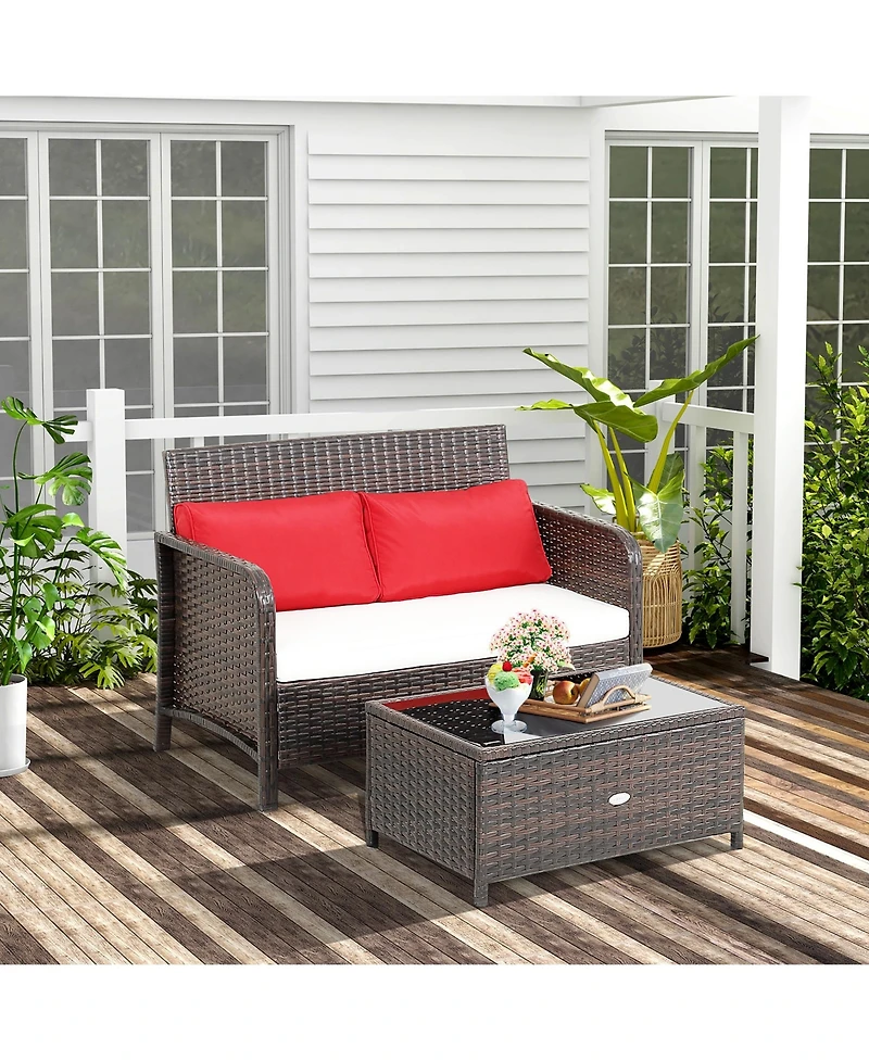 2PCS Patio Rattan Wicker Love-seat Coffee Table Set Cushioned Bench Garden Deck